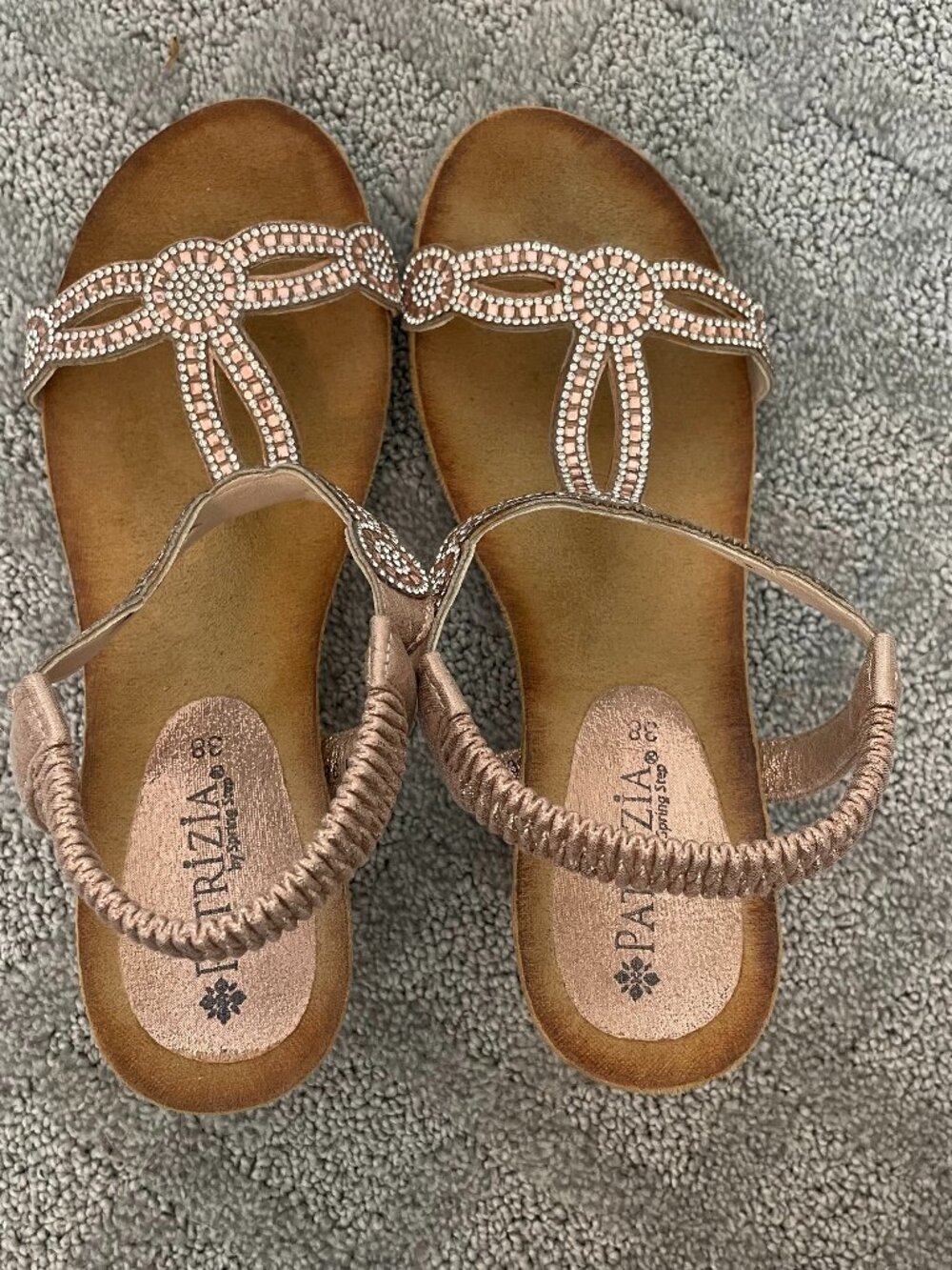 Patrizia Women’s Tan Rhinestone Sandals – Elastic Back Strap – Size 38